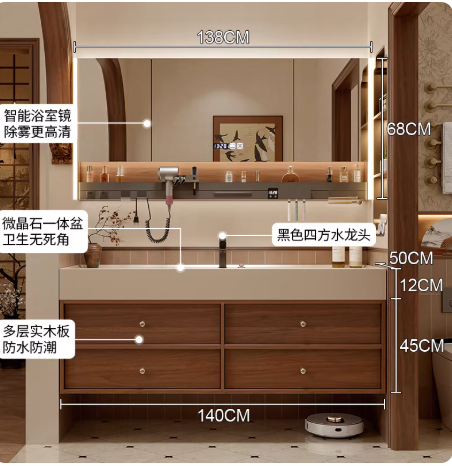 胡桃木中古风微晶石一体海洋盆卫生间洗漱台