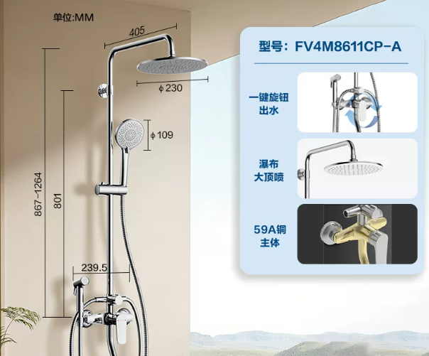 壁挂铜主体淋浴花洒套装可升降家用卫生间淋浴冷热花洒