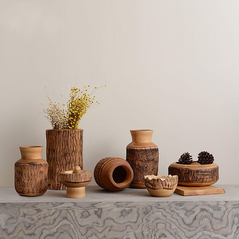 原生态天然树皮木雕花瓶器皿套装