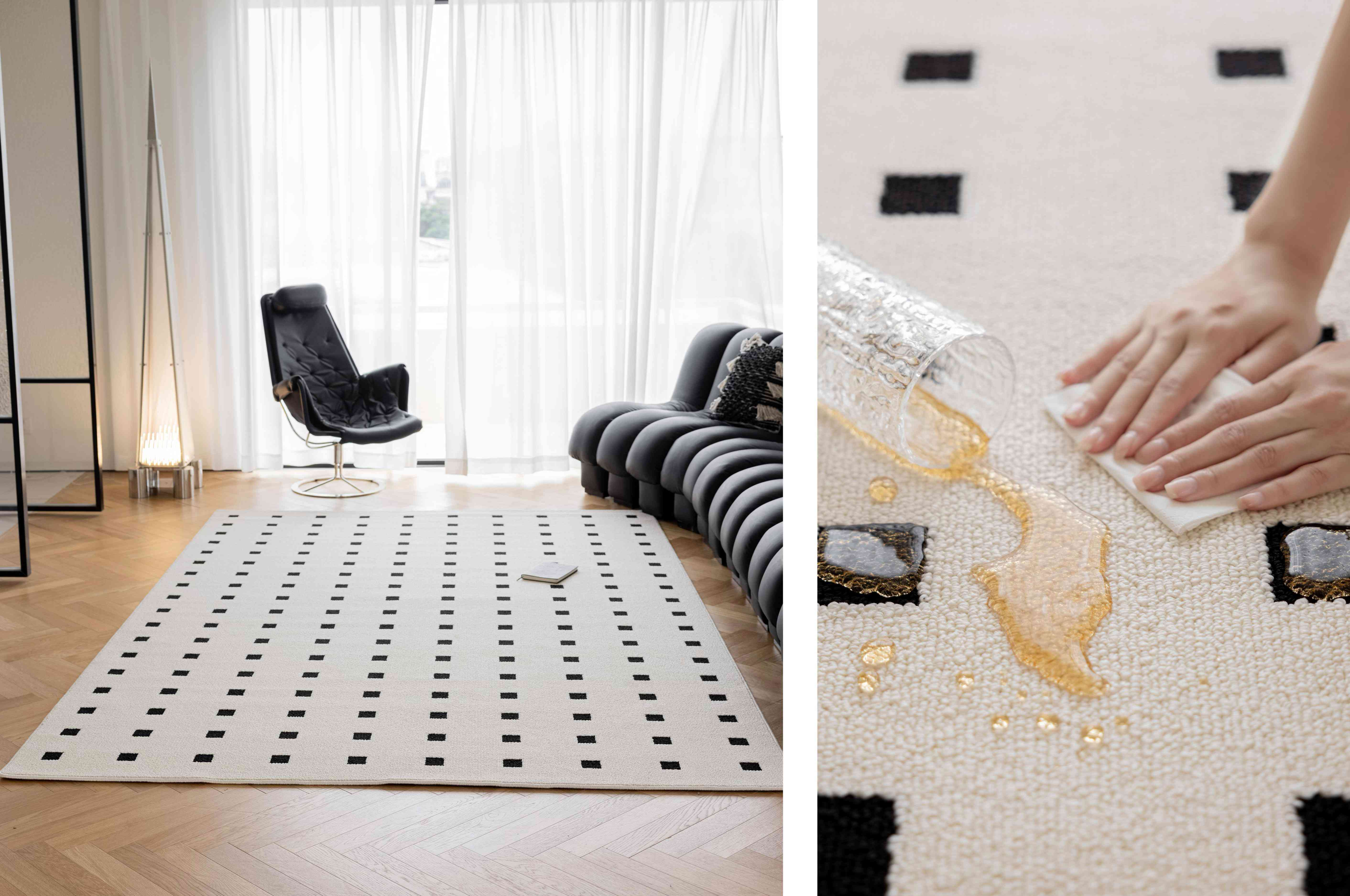 极简黑点方格奶油色防水地毯