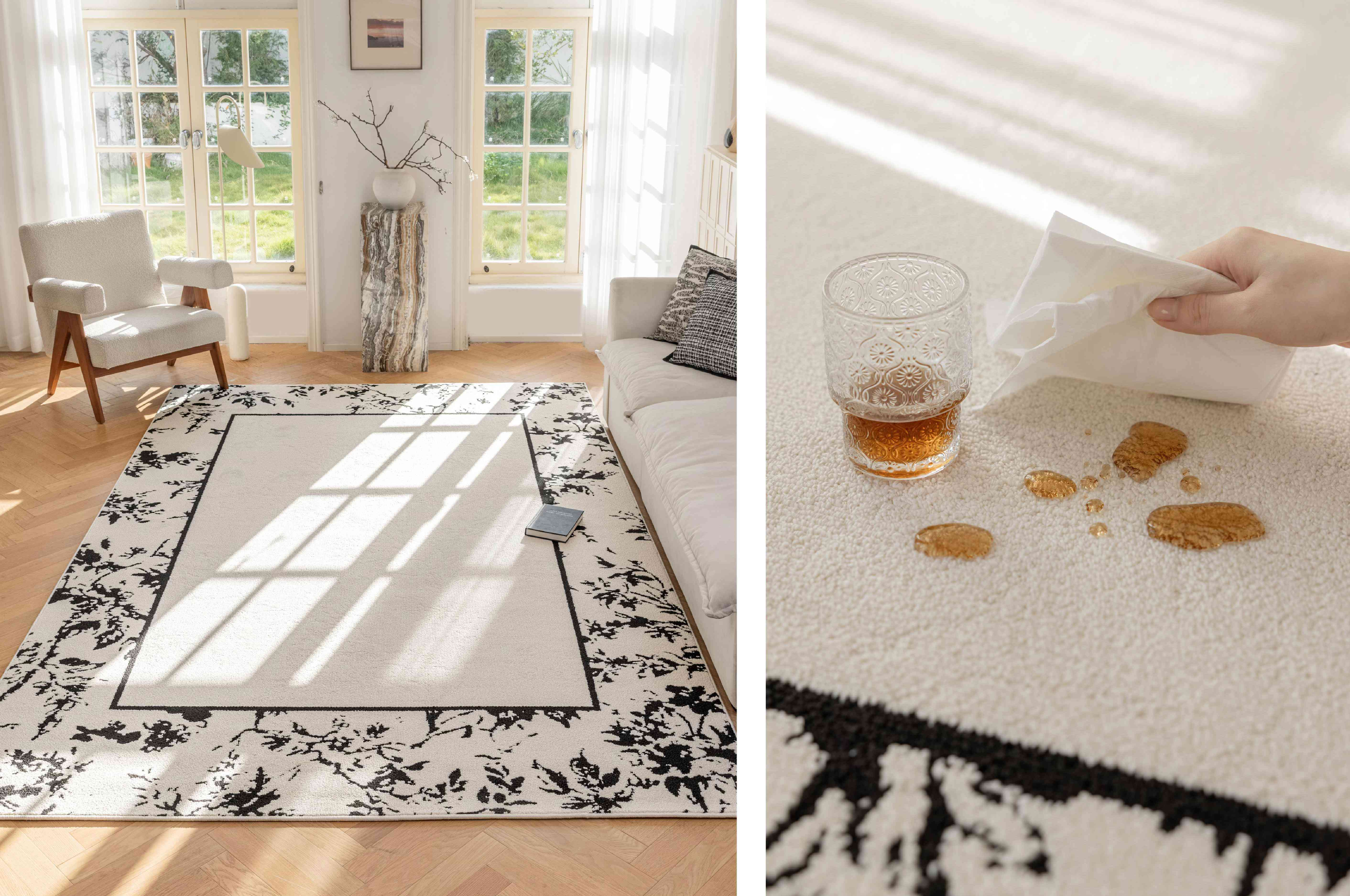 复古花卉镶边奶油色防水地毯