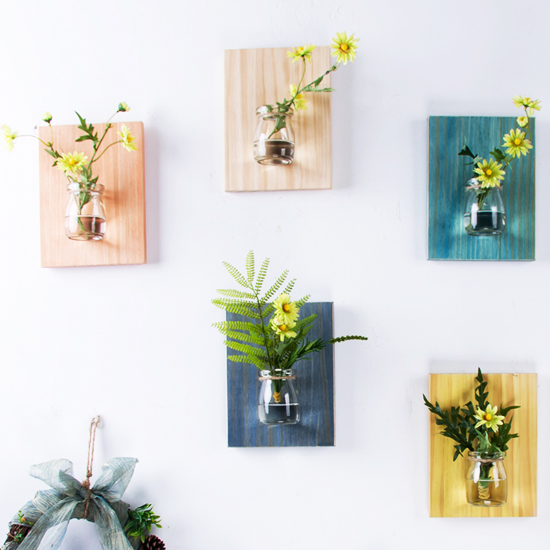 田园风木板壁挂玻璃花瓶装饰组合