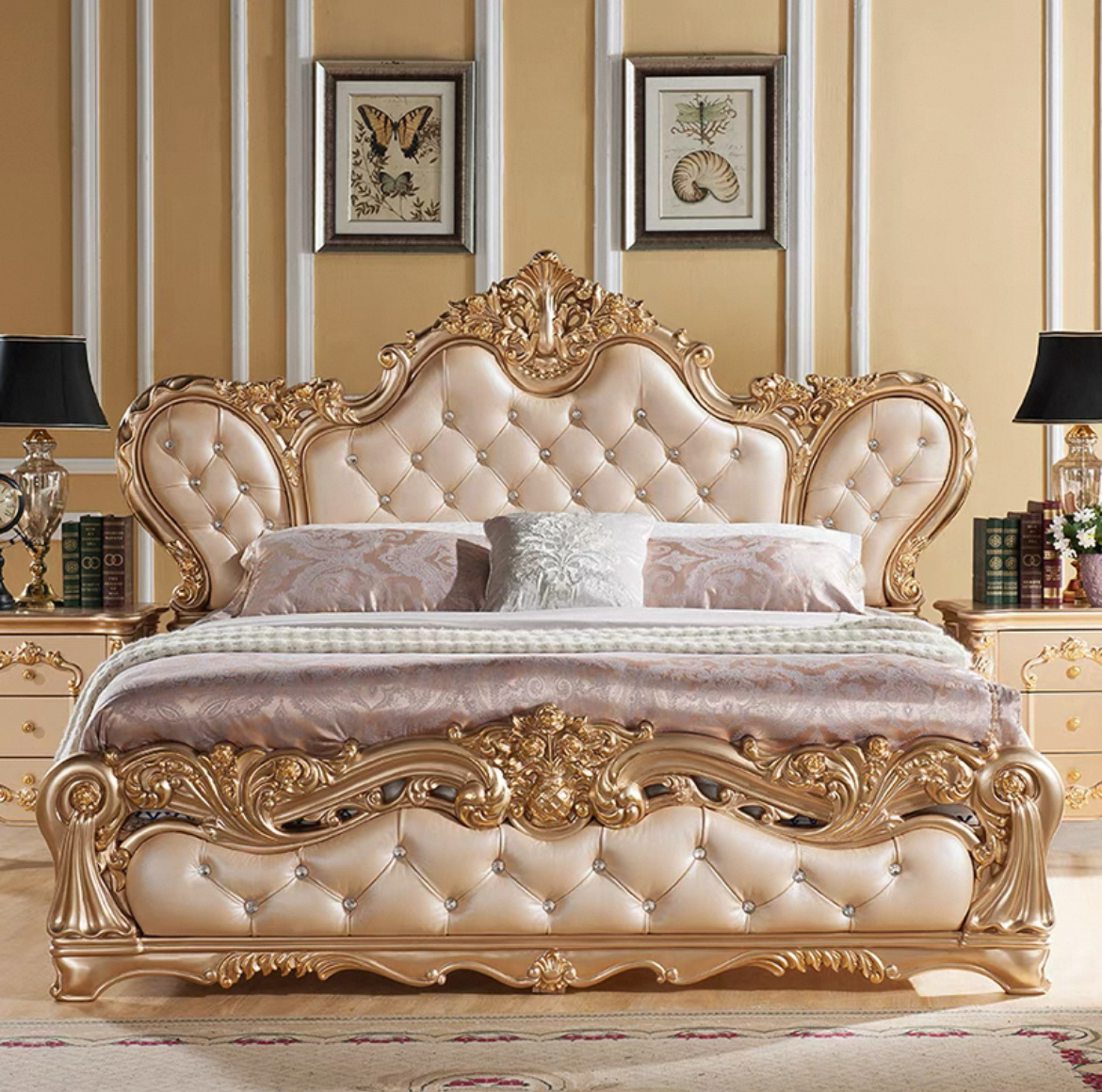 欧式巴洛克香槟金奢华雕花真皮床