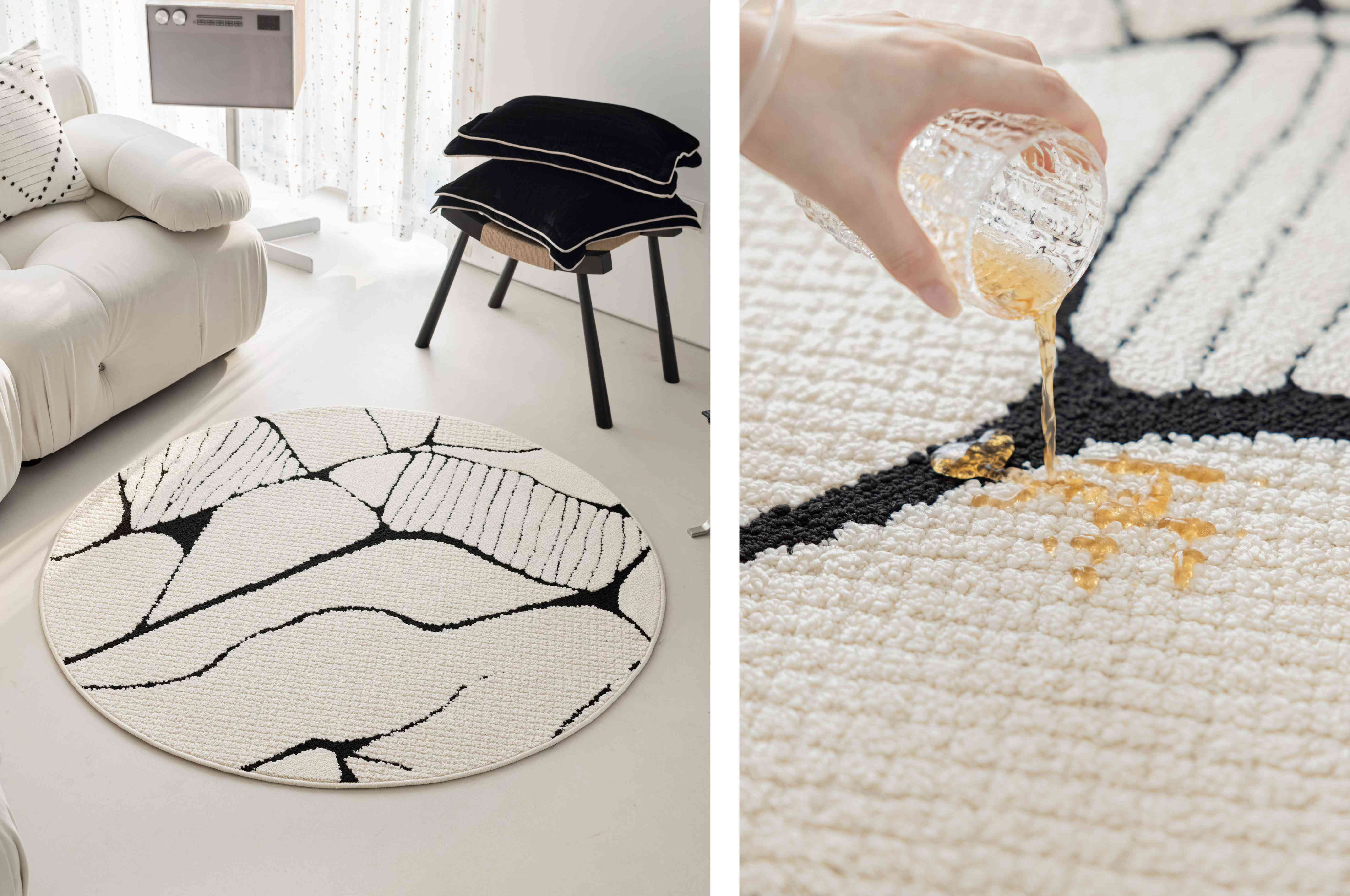 山石纹理黑白圆形防水地毯