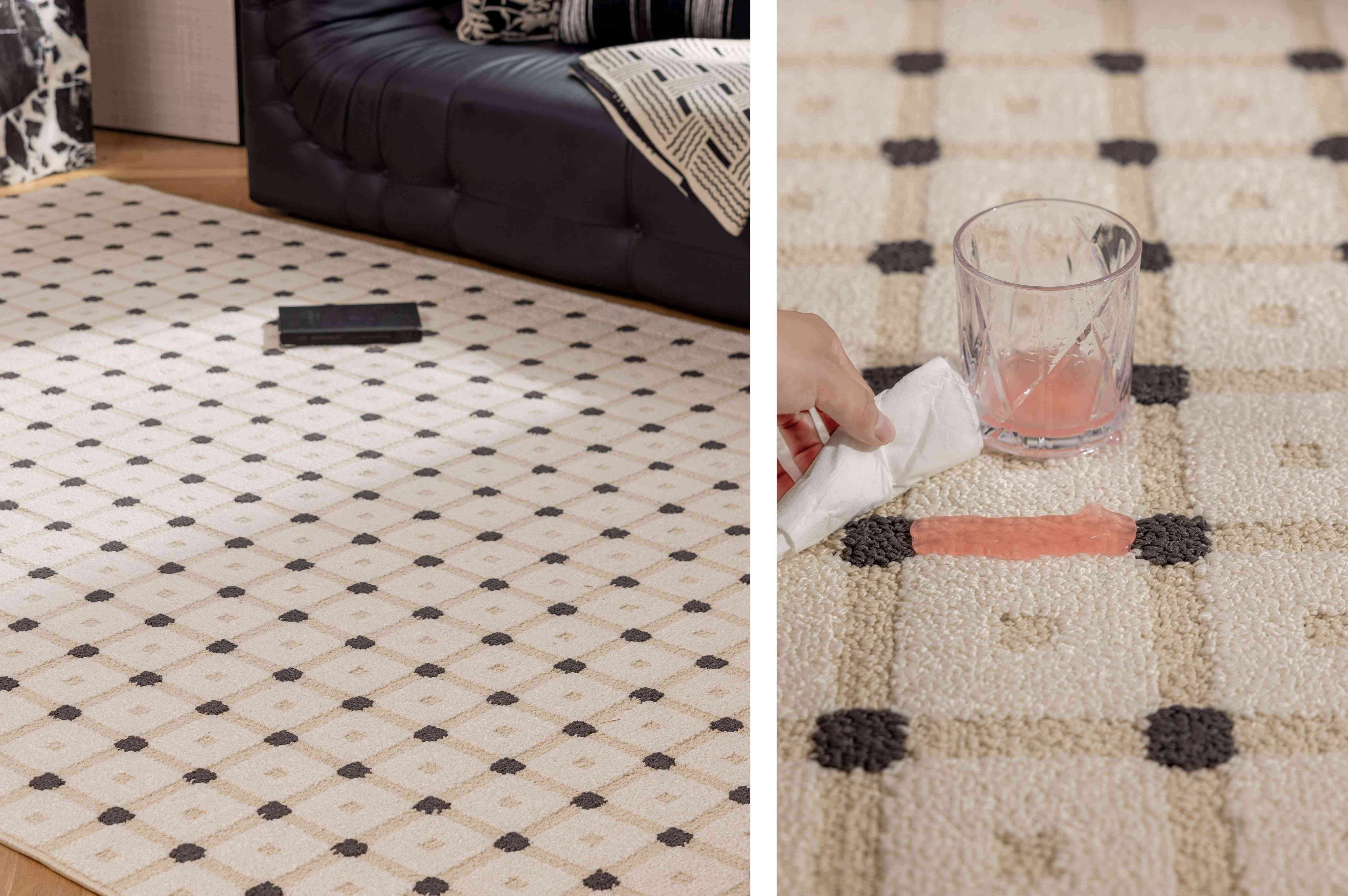 奶白菱格圆点长方形防水地毯