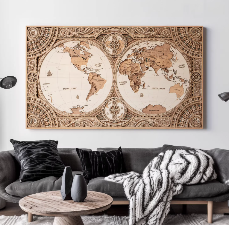 梯木叠雕实木世界地图