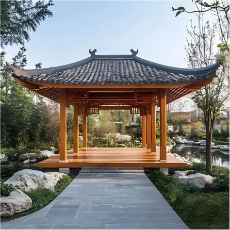 传统飞檐木质凉亭