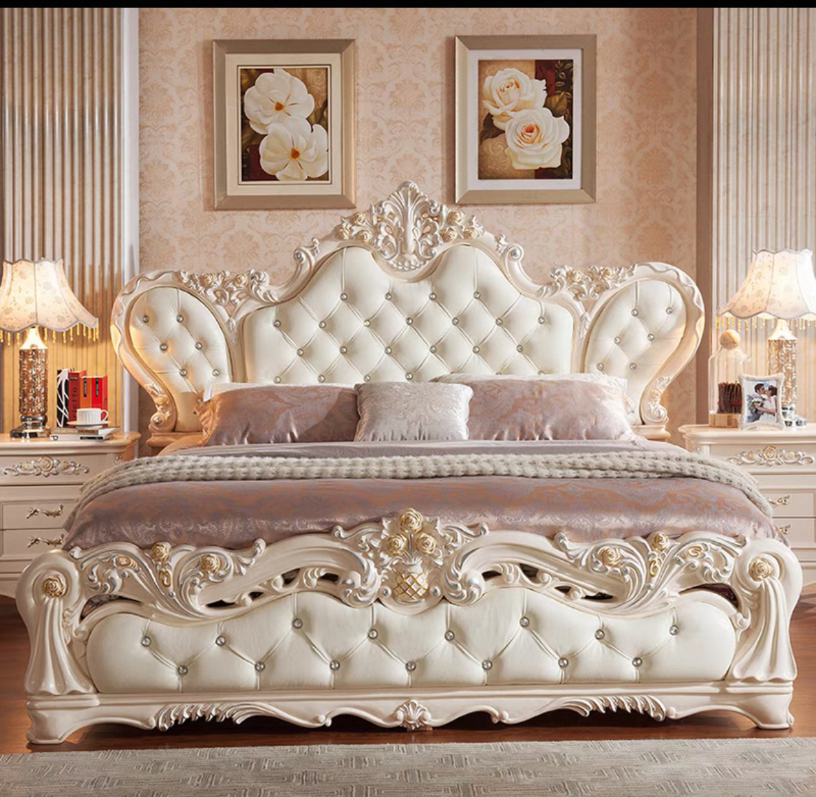 法式宫廷象牙白雕花拉扣大床