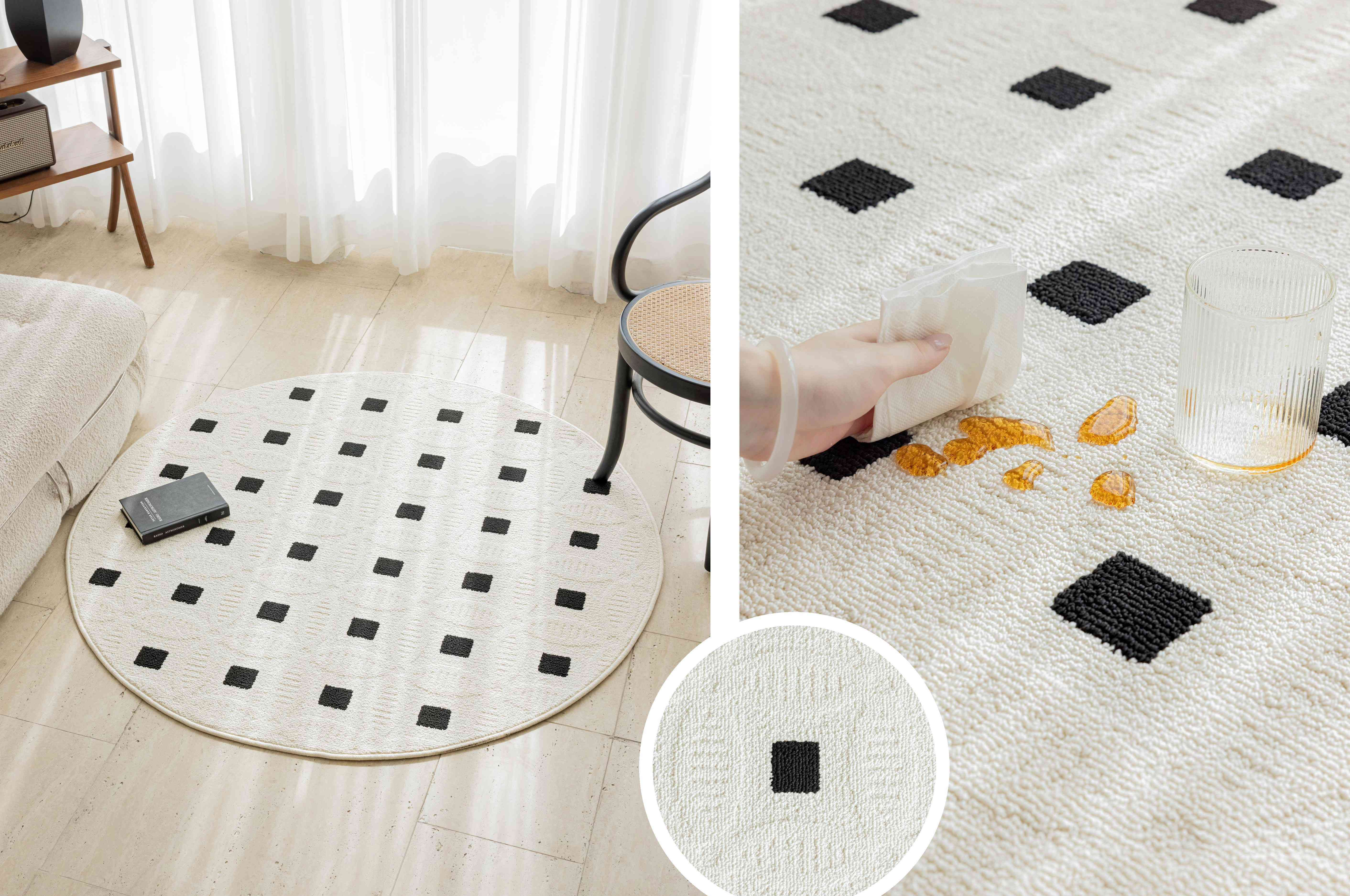 黑白棋格圆点圆形防水地毯