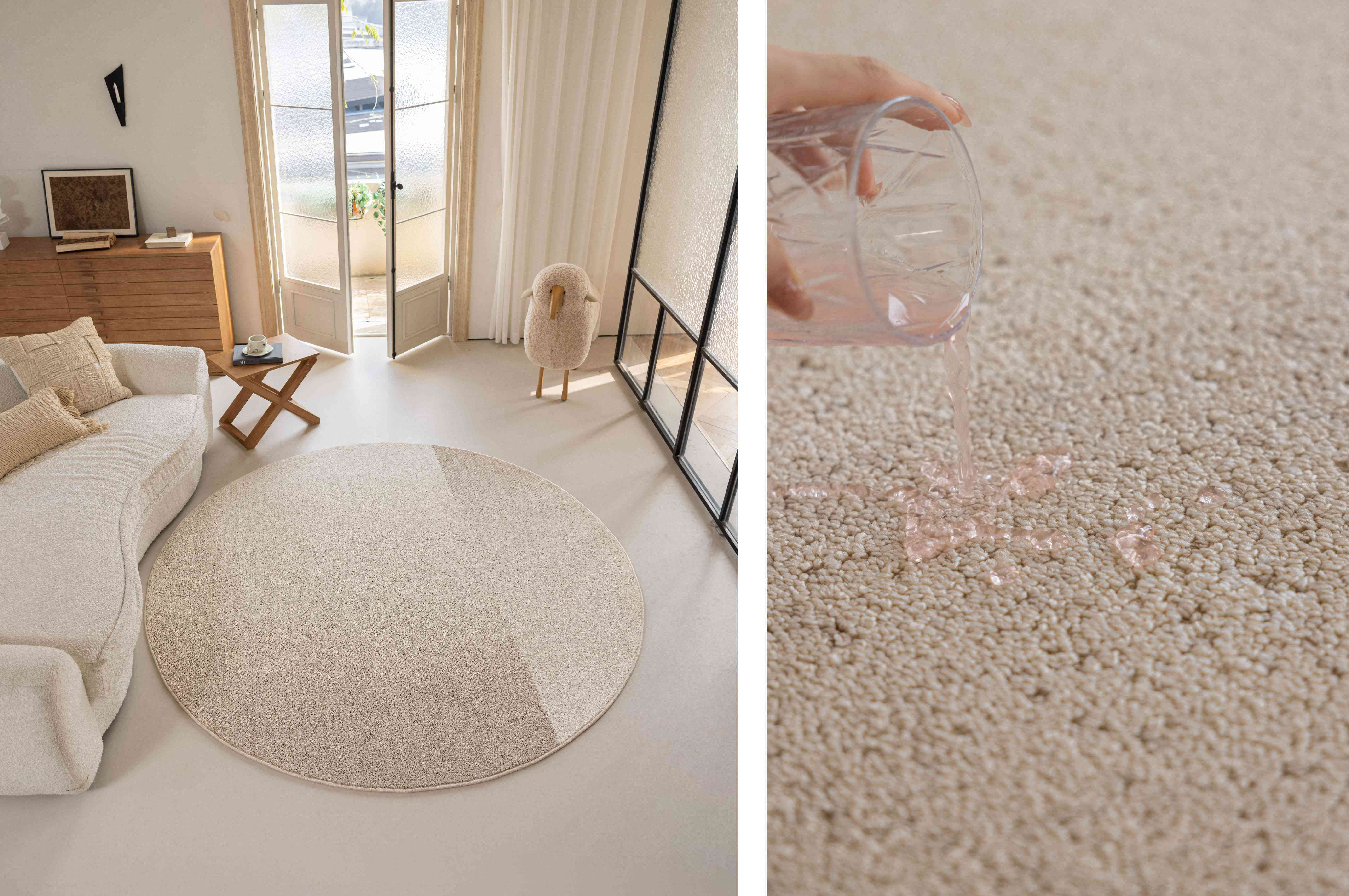 米色拼色色块圆形防水地毯