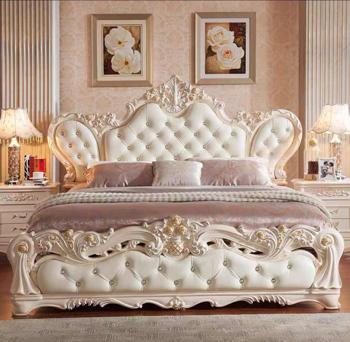 欧式巴洛克白金雕花真皮大床