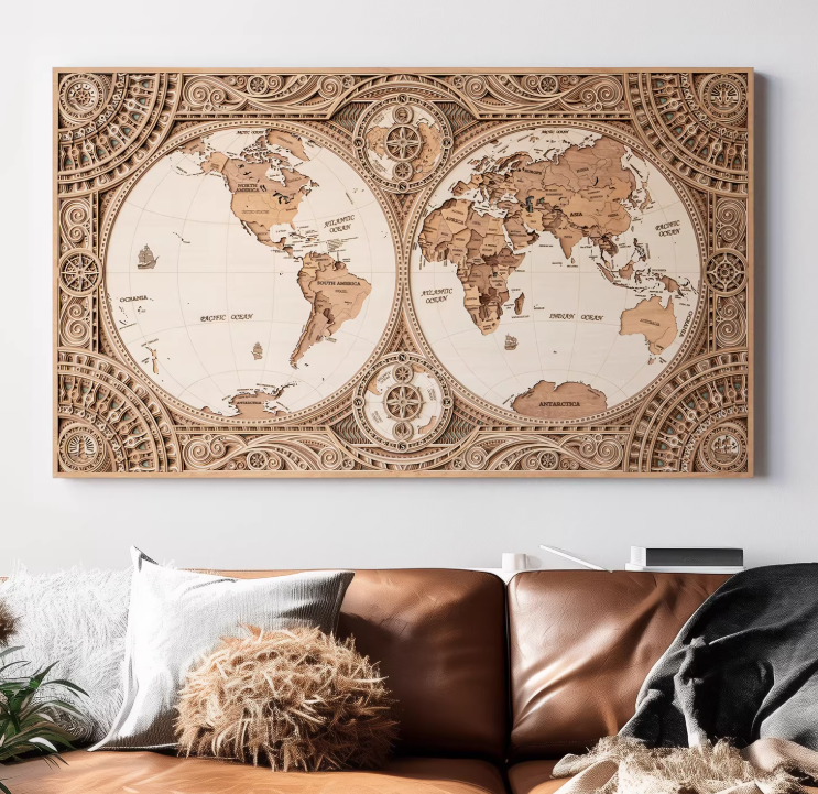 梯木叠雕实木世界地图