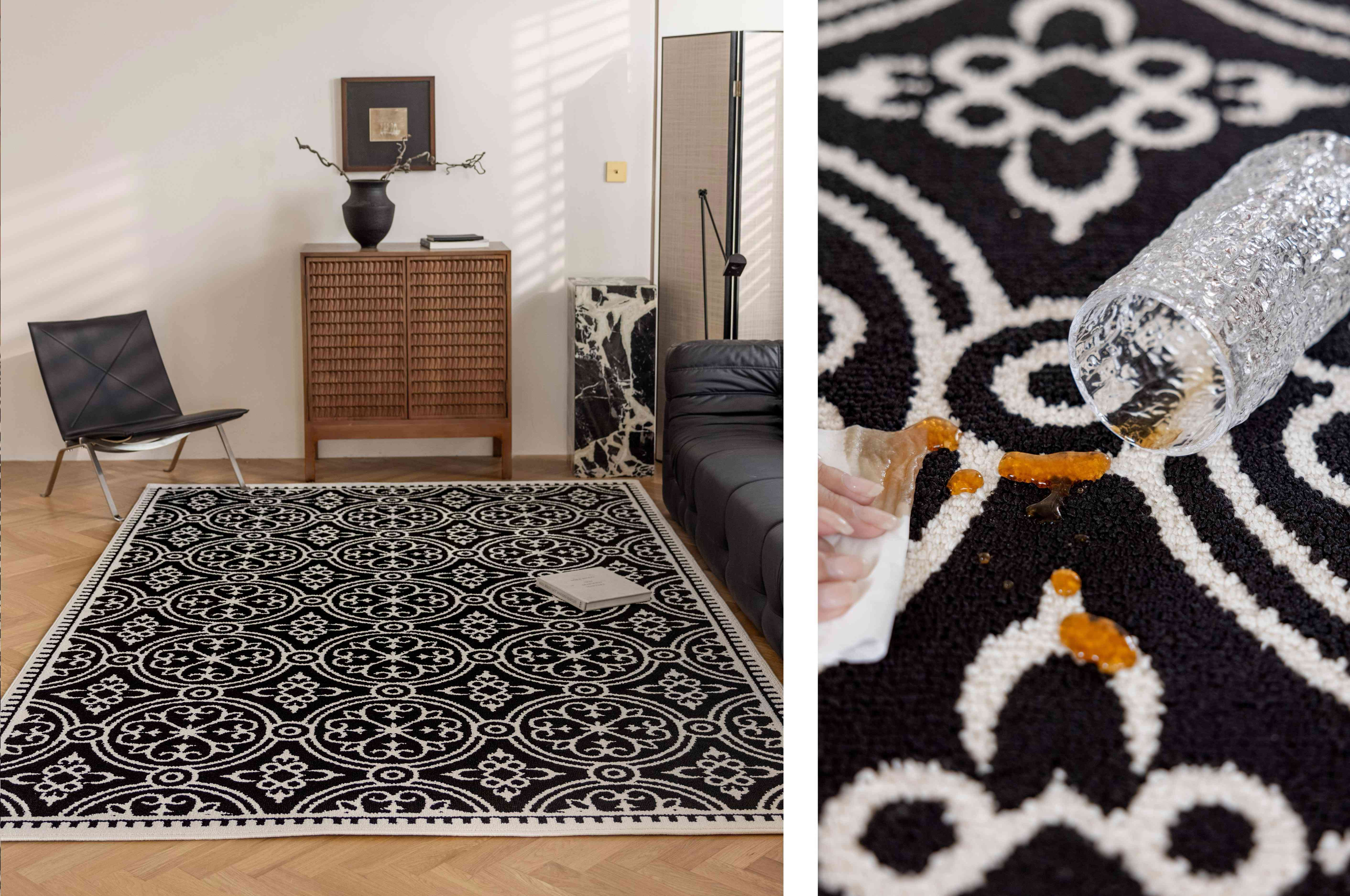 黑白宫廷花砖长方形防水地毯