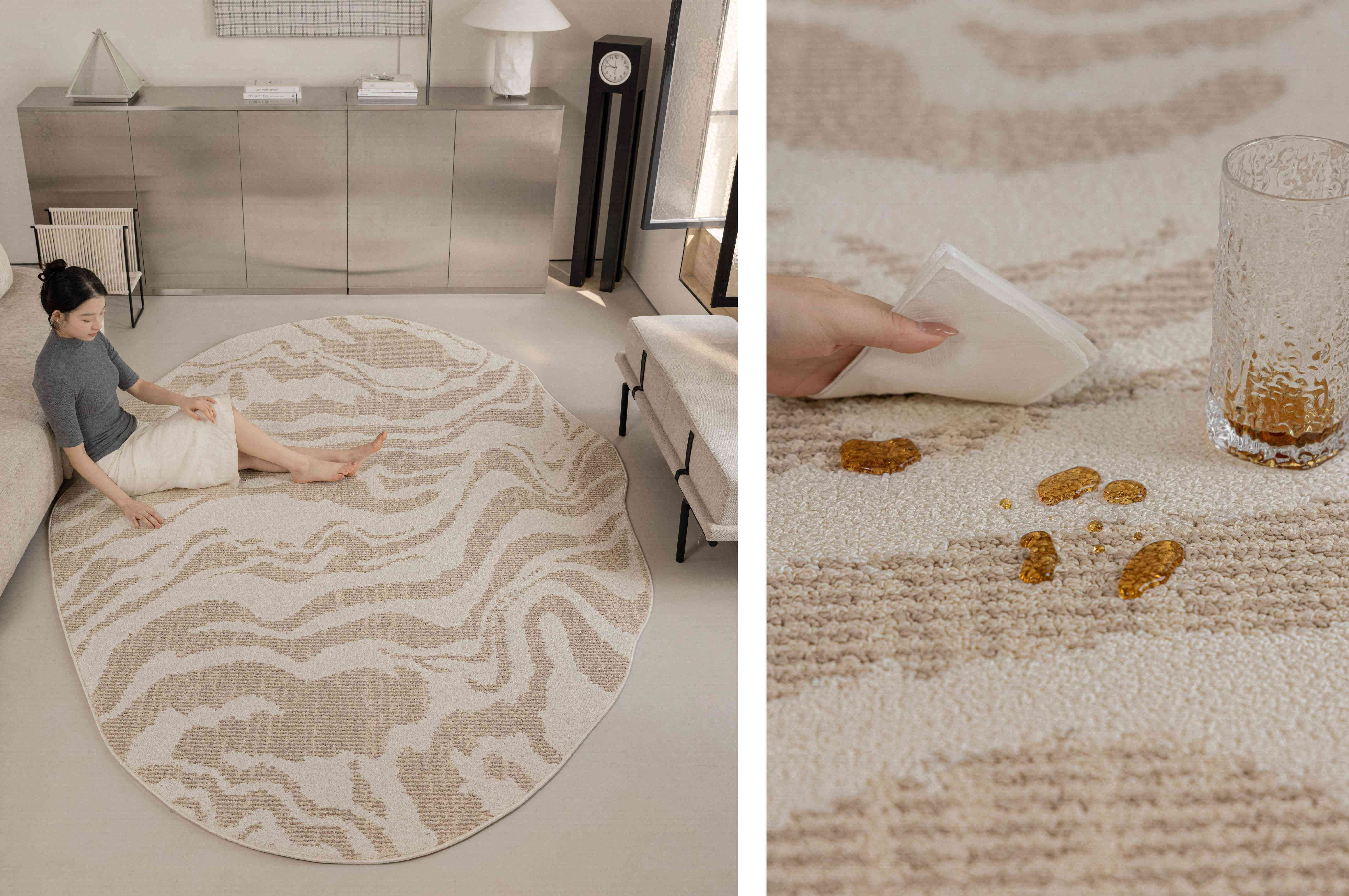 米色流纹椭圆形防水地毯