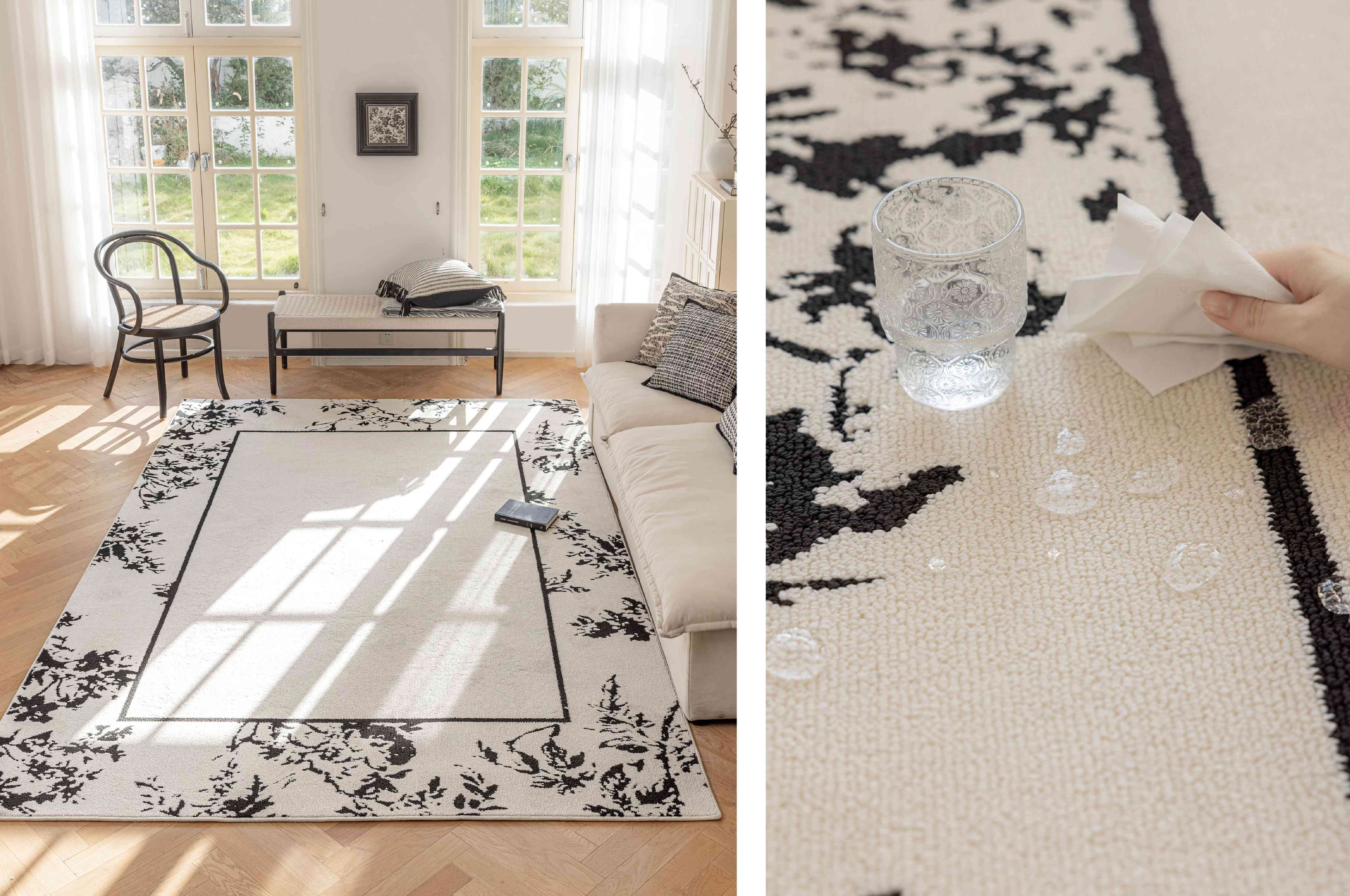 法式花卉边框黑白防水地毯