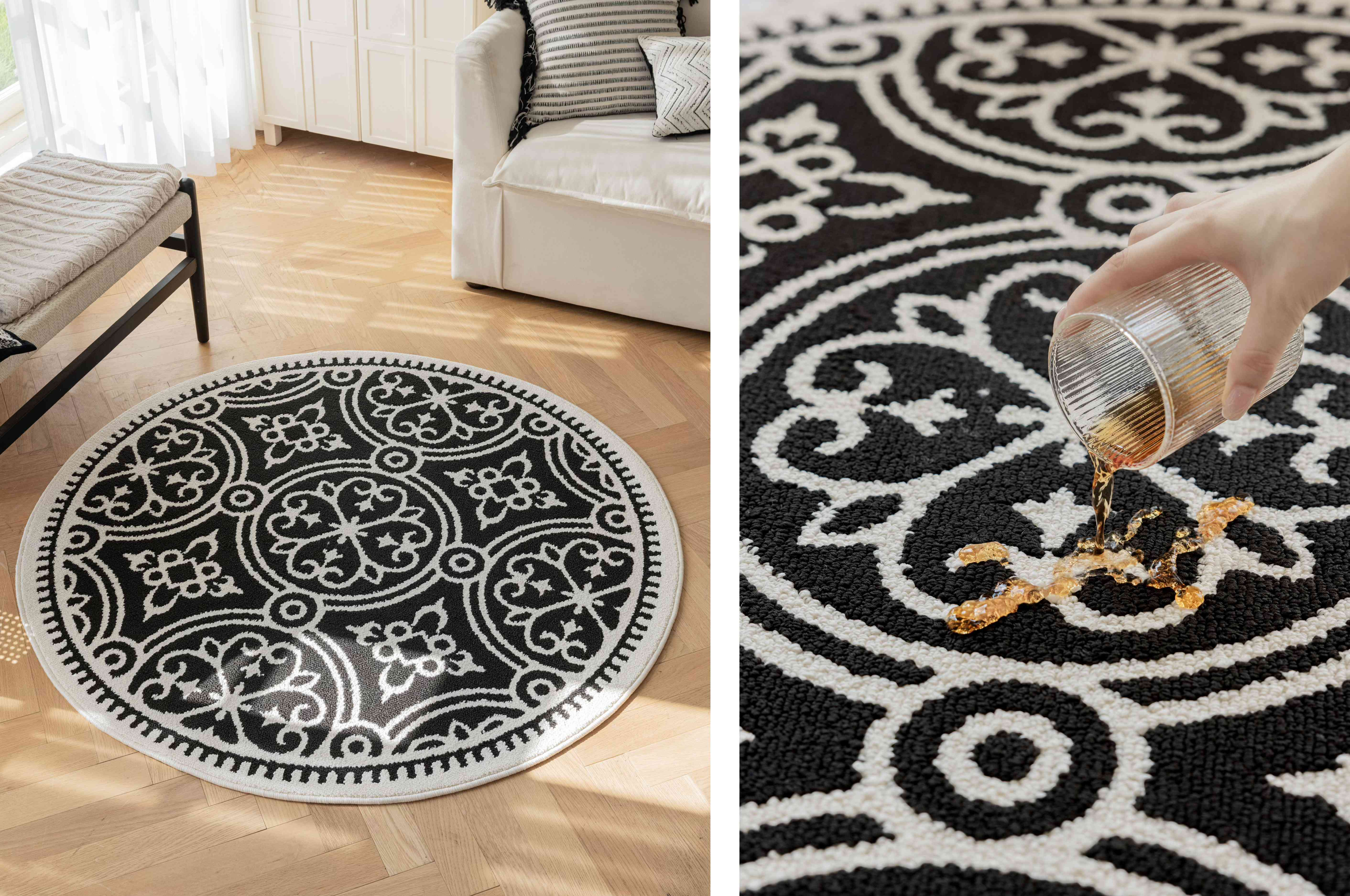黑白摩洛哥花纹圆形防水地毯