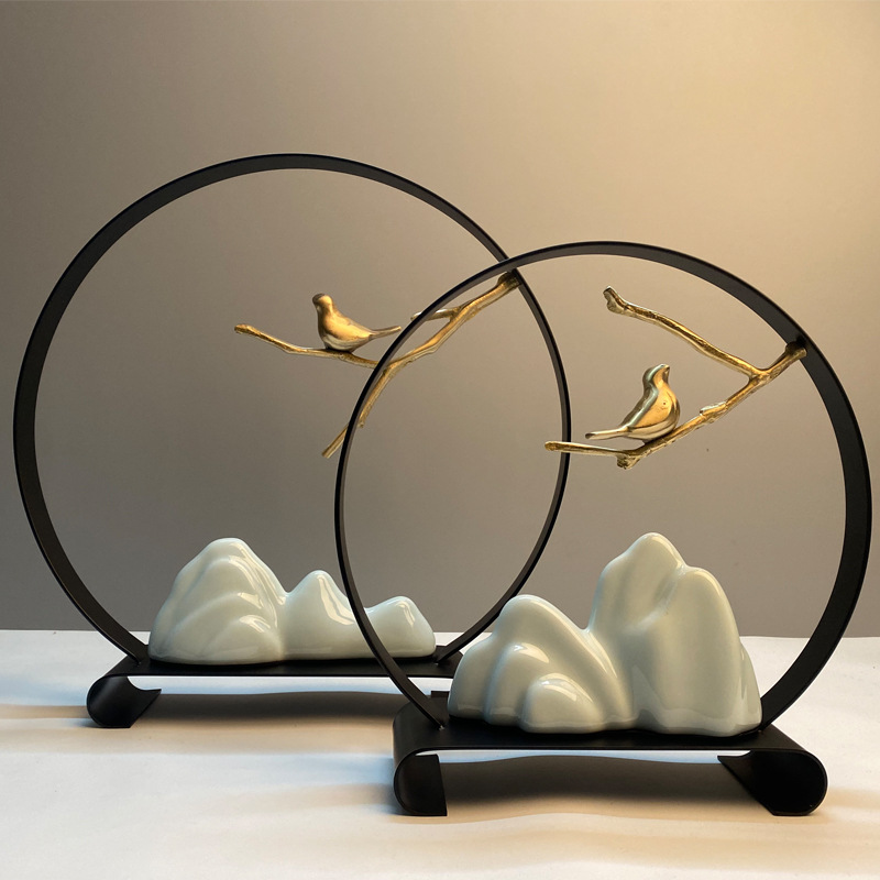 新中式禅意山水鸟枝陶瓷金属摆件对组