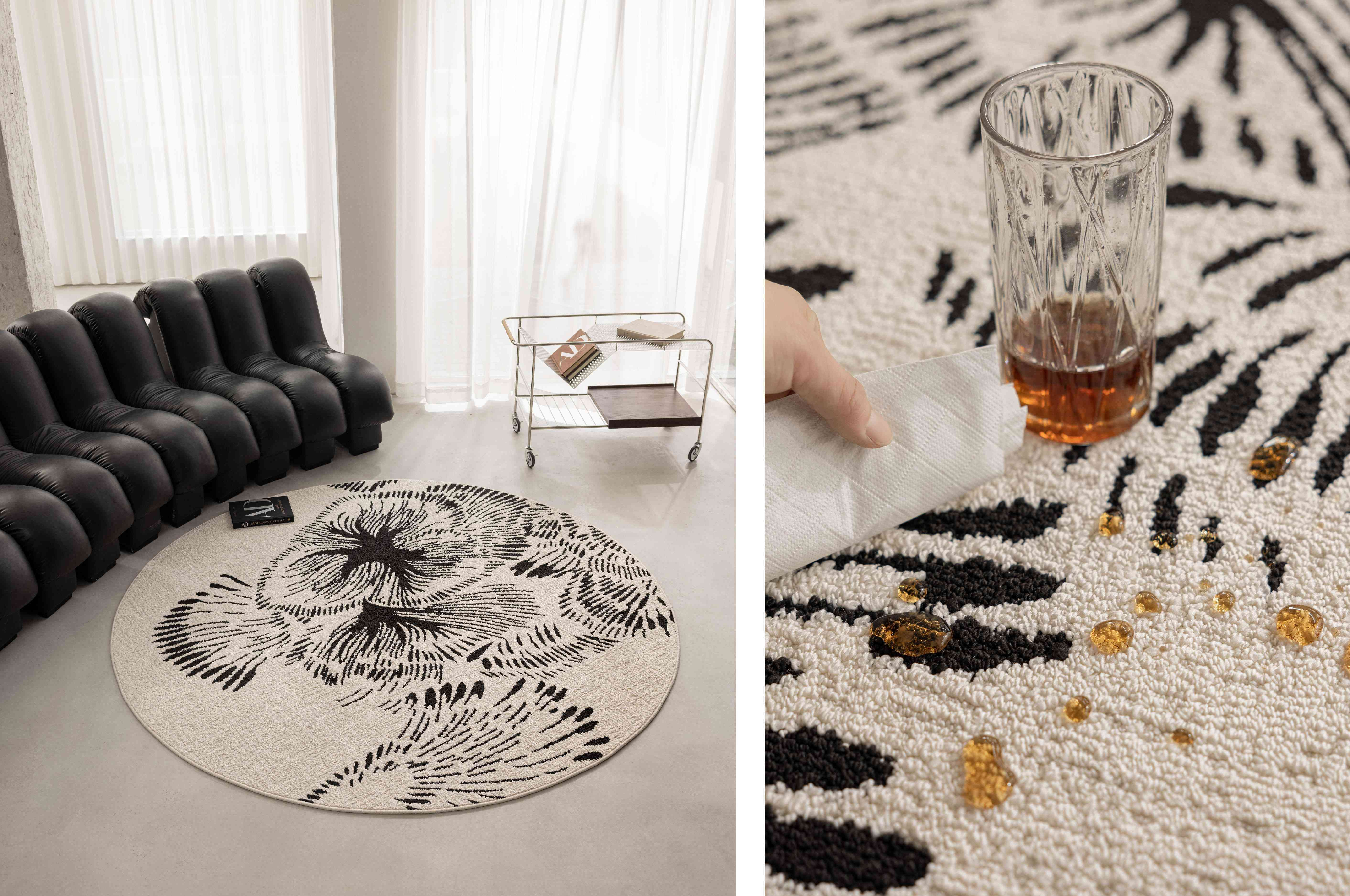 写意花卉黑白圆形防水地毯