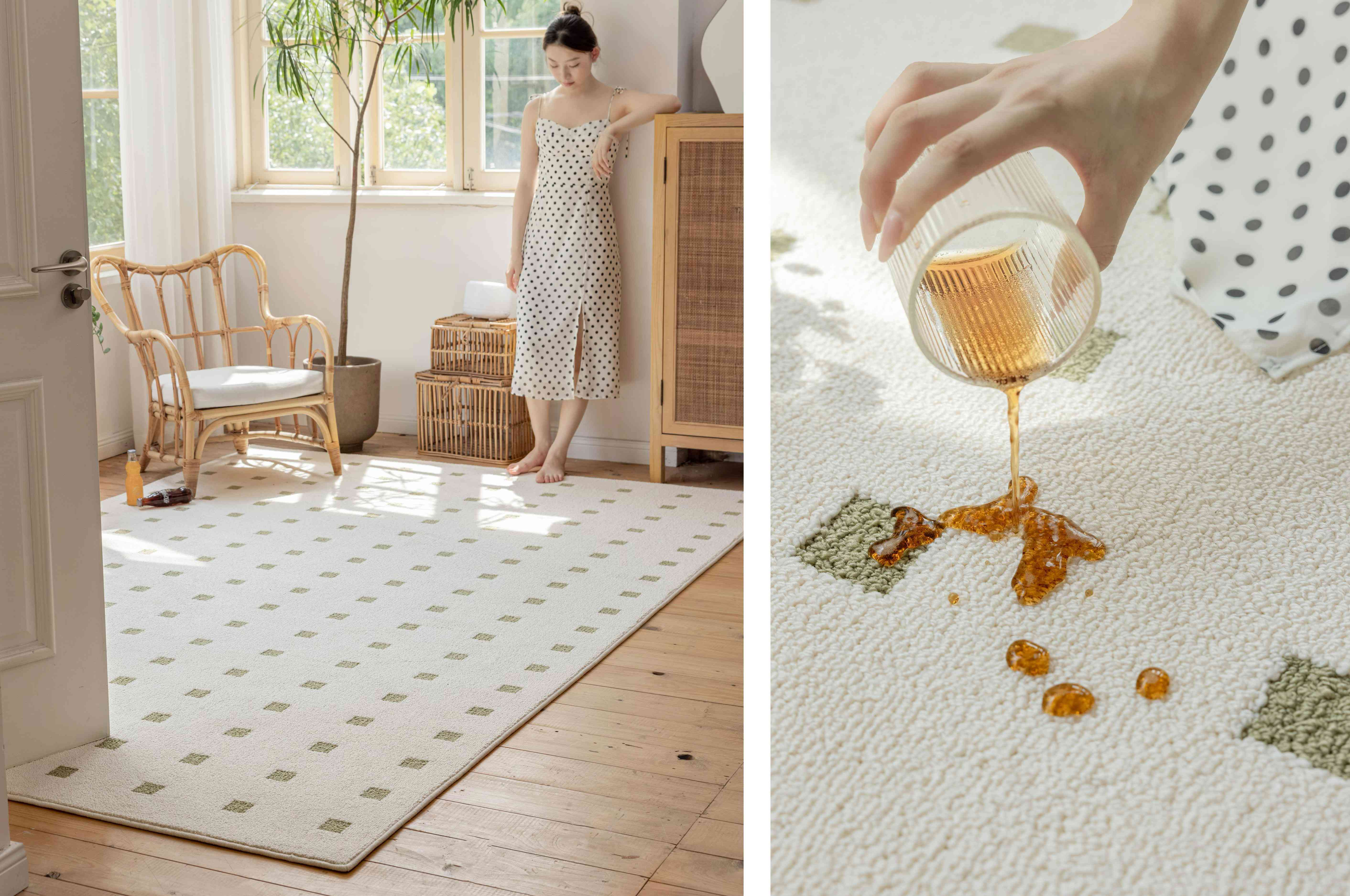 奶白绿点方格长方形防水地毯