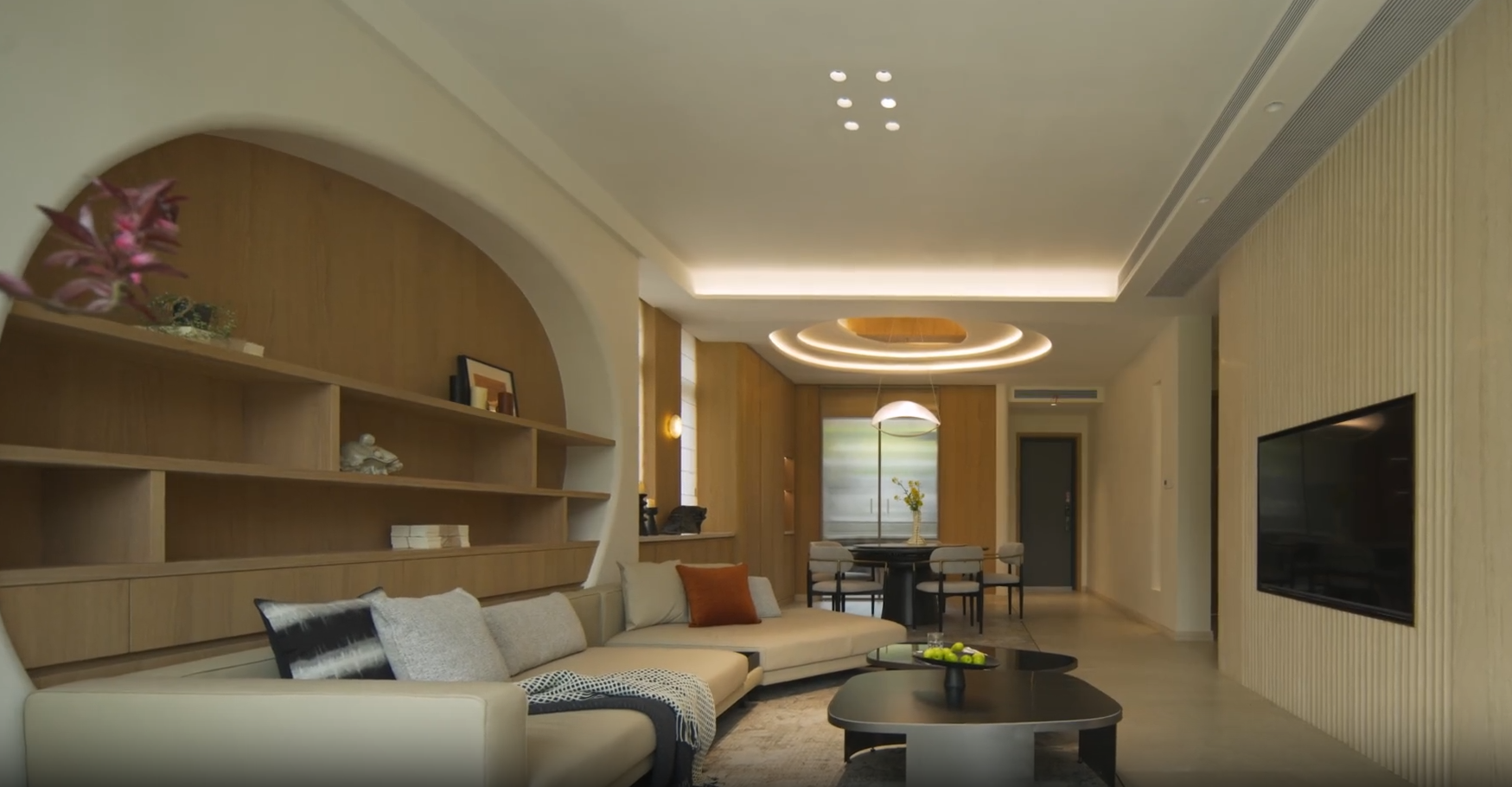 拱形壁龛实木书架电视墙组合