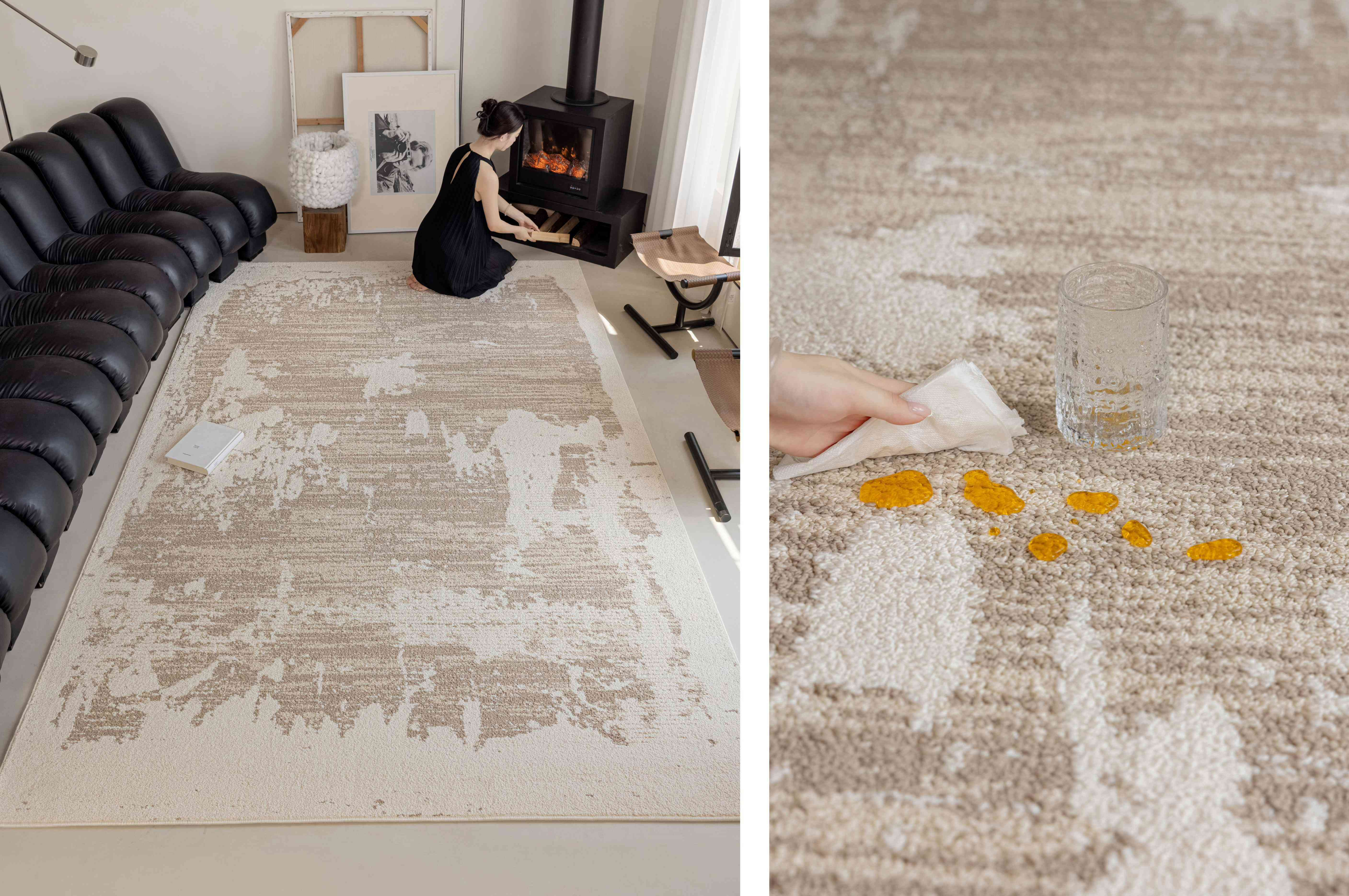 棕米色做旧笔触抽象防水地毯