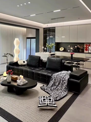 黑色劳伦斯直排真皮沙发