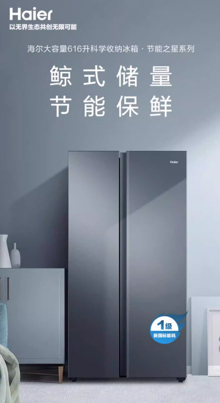 海尔616L大容量对开双开门家用一级超薄风冷无霜冰箱