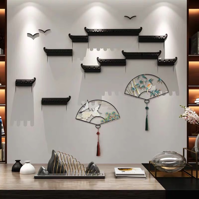 新中式徽派建筑墙饰组合 扇形挂画与马头墙壁饰