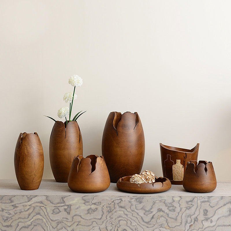 手工雕刻实木花苞造型花瓶与果碗套装