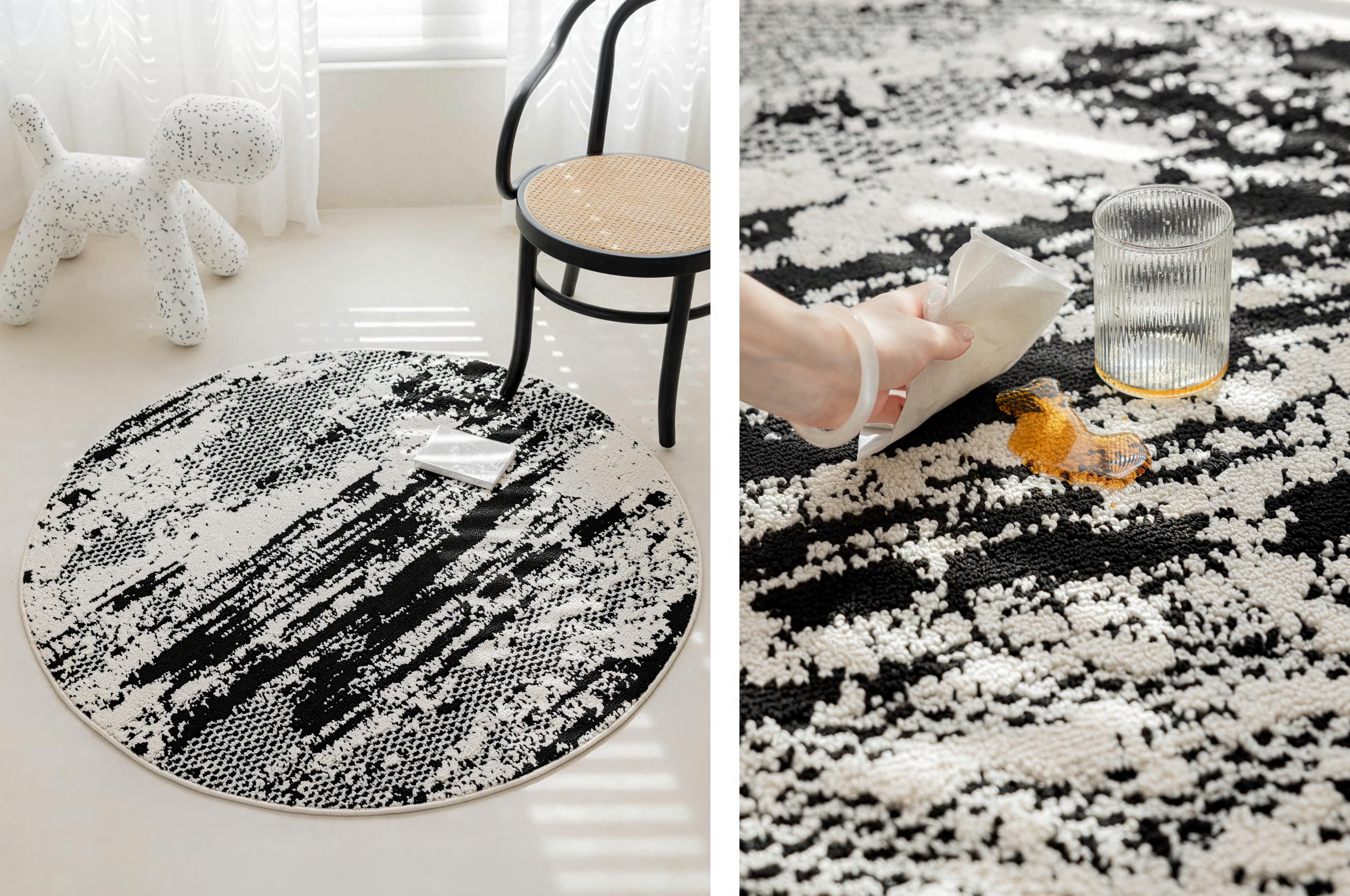 泼墨抽象黑白圆形防水地毯