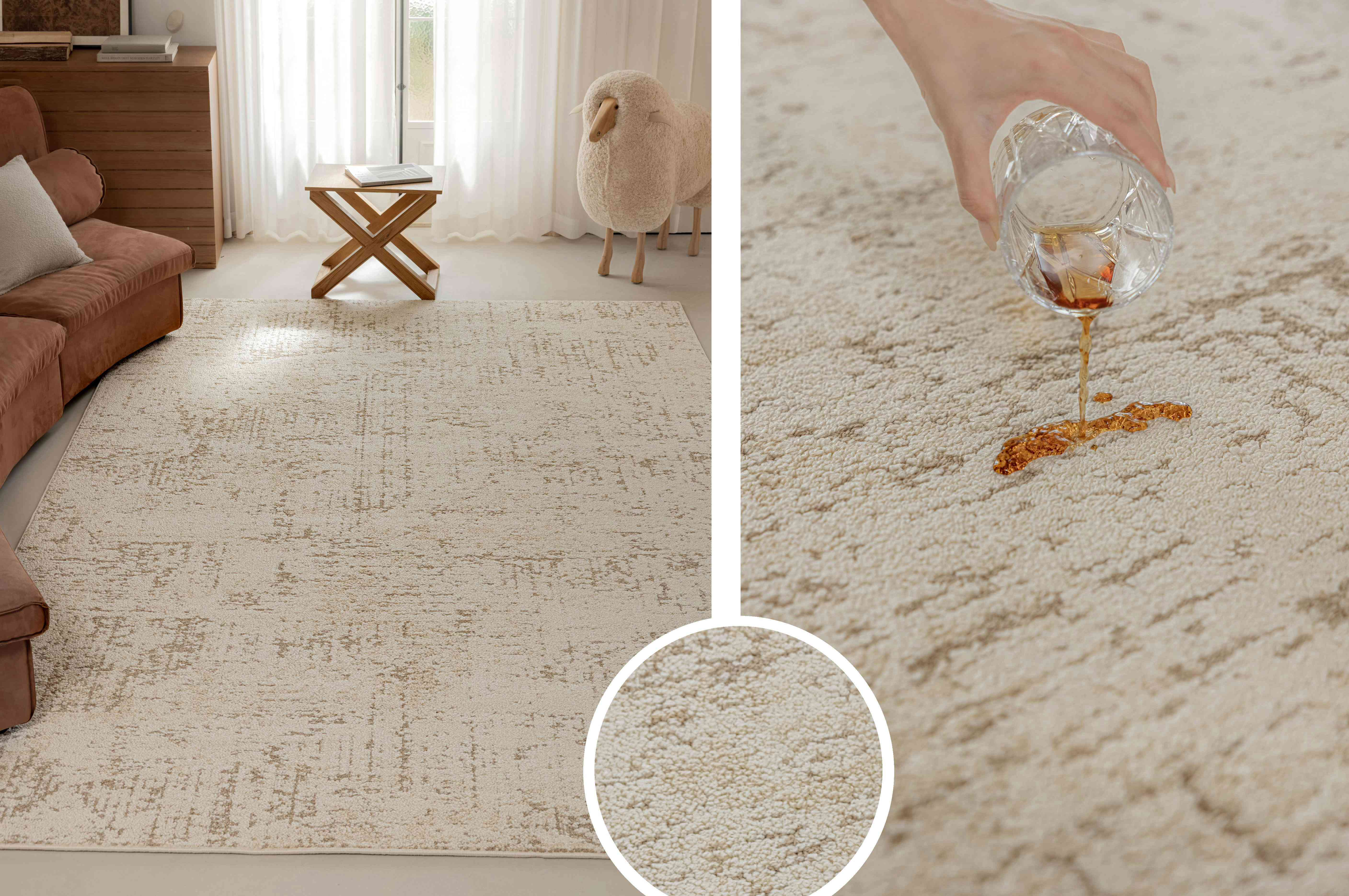 米白抽象肌理长方形防水地毯