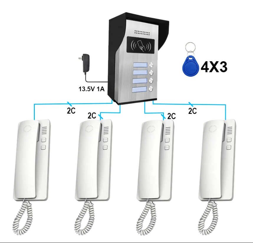 2线音频对讲系统 4 户套装